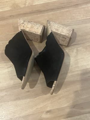Marc FIsher Pomme Suede Leather Mule 7,5M Black Scalloped 3.5" Block Cork Heels - Thumbnail 3
