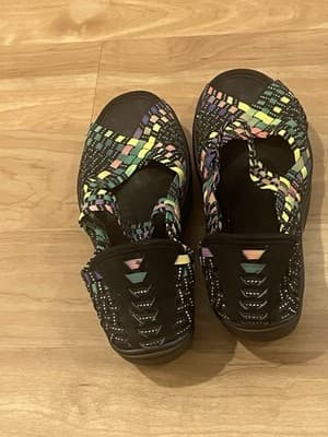SKECHERS memory foam stretch strappy peep toe sandals multicolor size 6.5 woven - Thumbnail 4