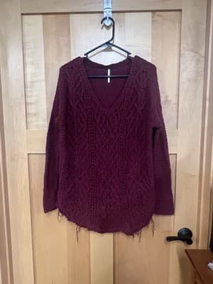Free People Cross my Heart Oversized Burgundy Sweater M Tatter Edge Indie Grunge