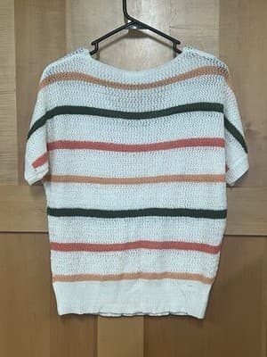 Bibi Fish Net Top Pink Stripe Small Beachy Open Knit Resort Layering Cover Up - Thumbnail 3