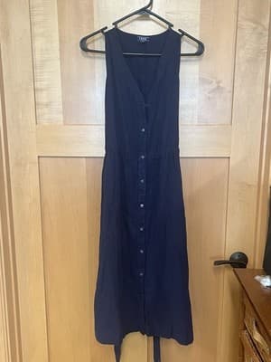 New IZOD Linen Blend Navy Belted Sleeveless Dress W/pockets Stretchy SIZE S