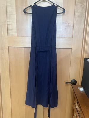 New IZOD Linen Blend Navy Belted Sleeveless Dress W/pockets Stretchy SIZE S - Thumbnail 3