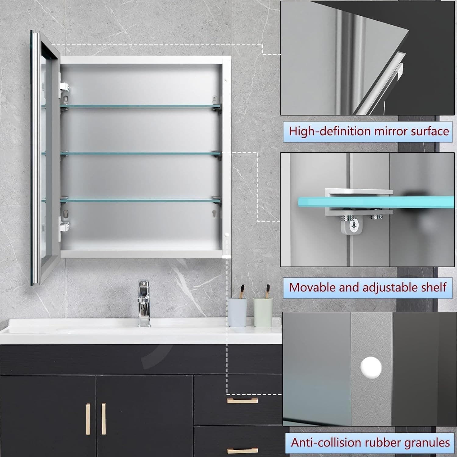 20x20 Aluminum Medicine Cabinet with Mirror Recessed Wall Mount 3 Glass Shelves - Thumbnail 5