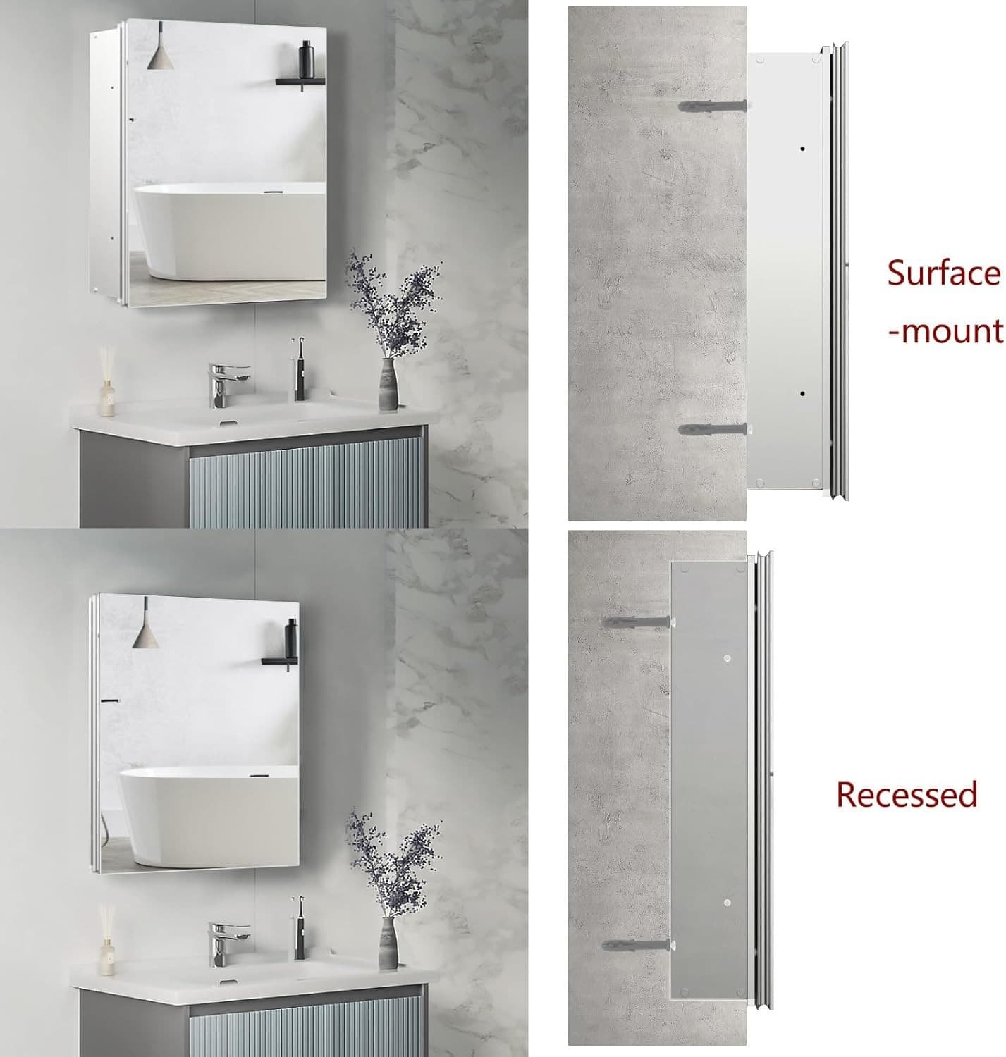 20x20 Aluminum Medicine Cabinet with Mirror Recessed Wall Mount 3 Glass Shelves - Thumbnail 6