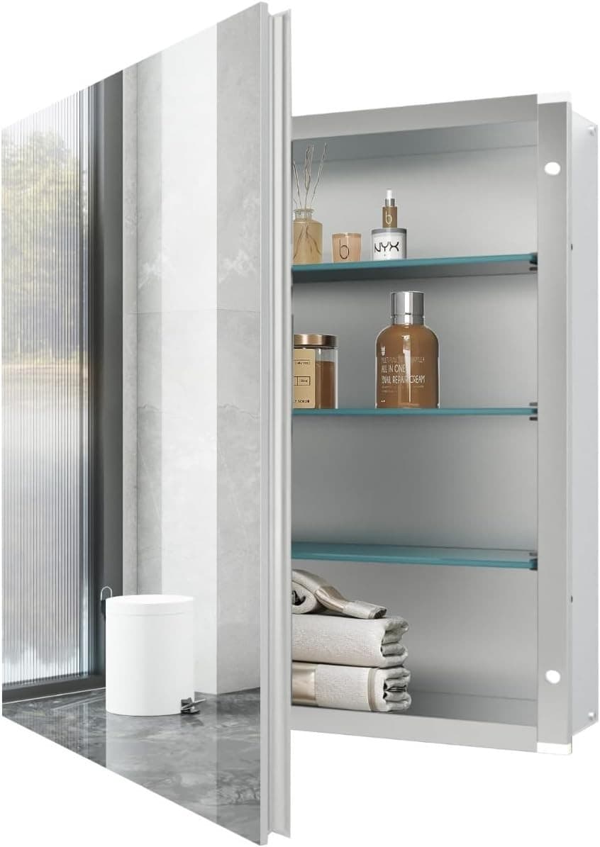 20x20 Aluminum Medicine Cabinet with Mirror Recessed Wall Mount 3 Glass Shelves - Thumbnail 8