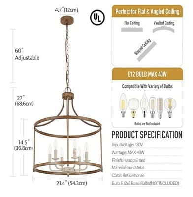 Retro 6-Light Drum Chandelier in Antique Bronze for Rustic Farmhouse Decor - Thumbnail 4