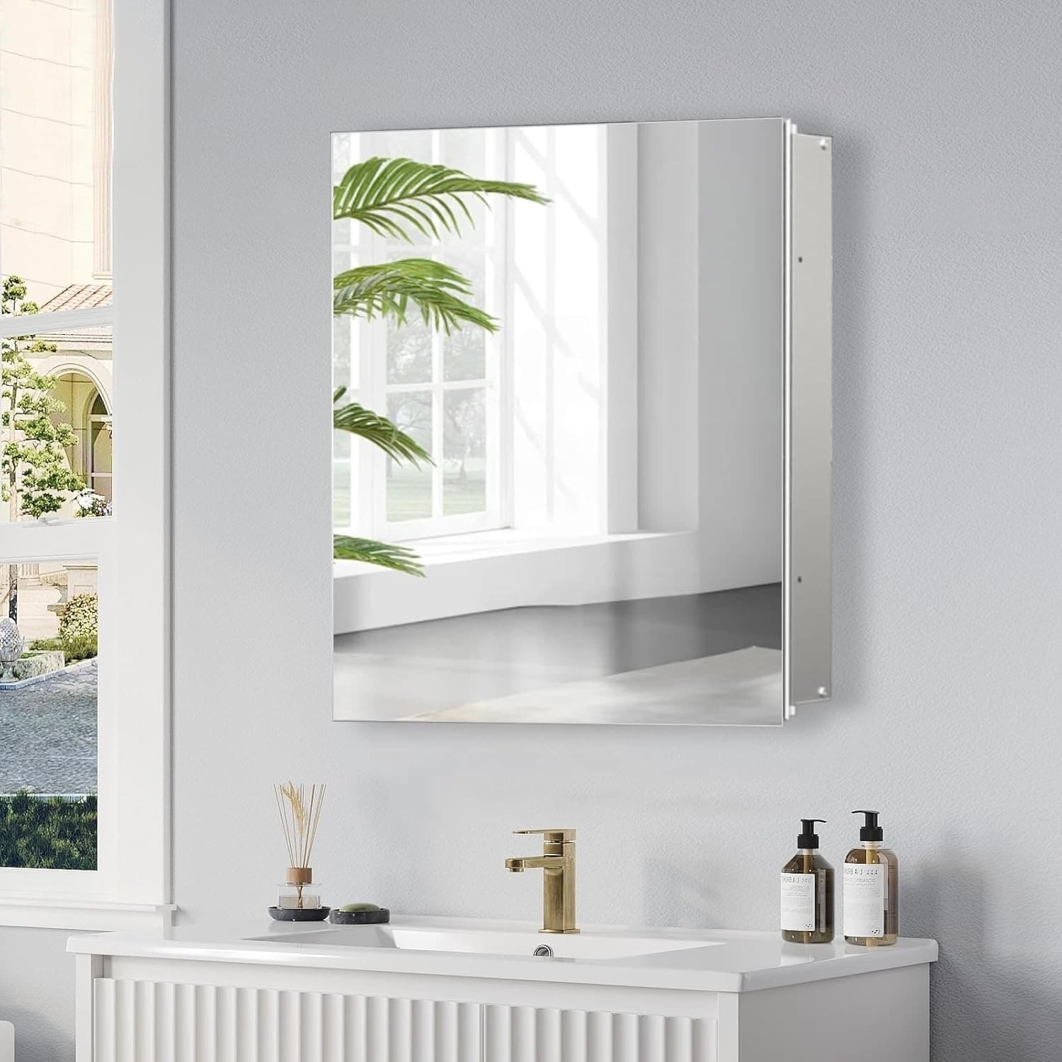 20x20 Aluminum Medicine Cabinet with Mirror Recessed Wall Mount 3 Glass Shelves - Thumbnail 7