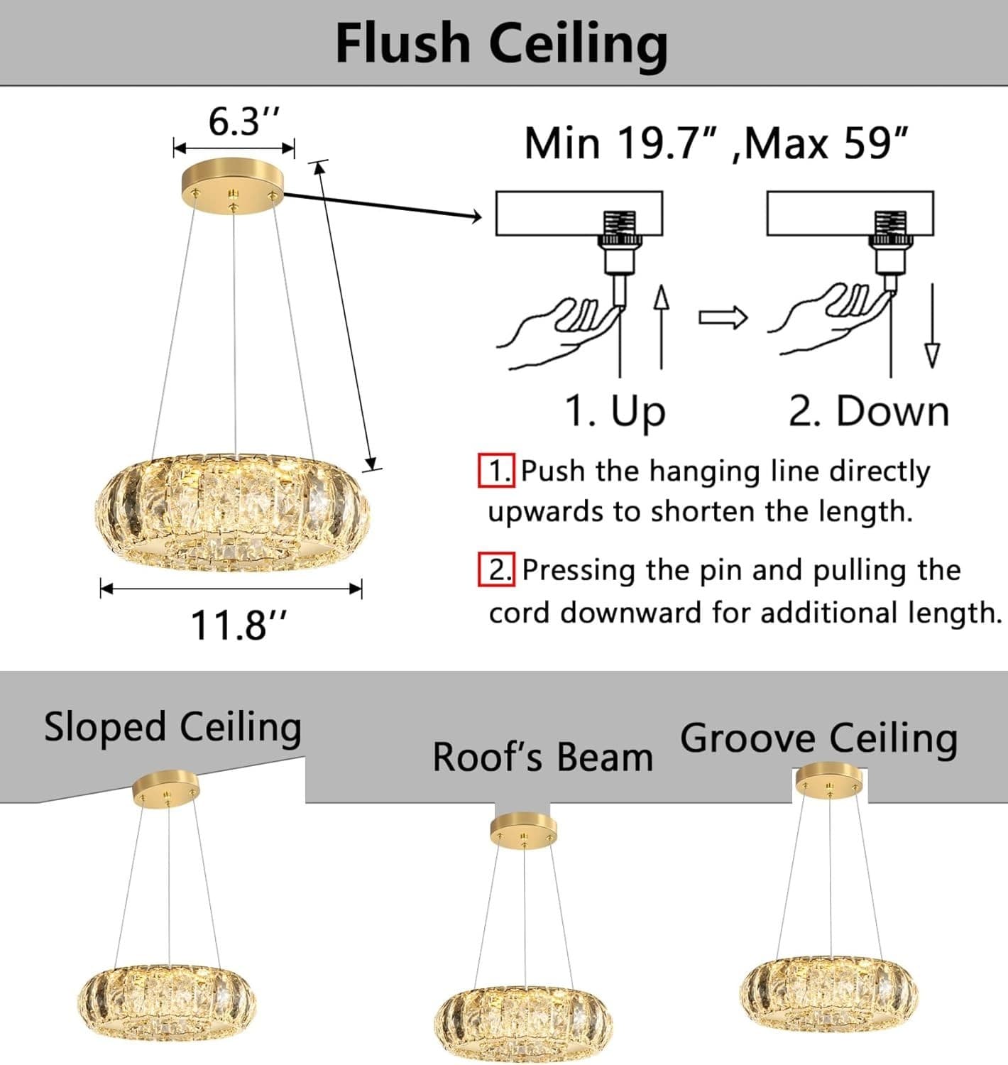 HAIXIANG Gold Crystal Round LED Chandelier Dimmable Pendant Light w/ Remote - Thumbnail 7