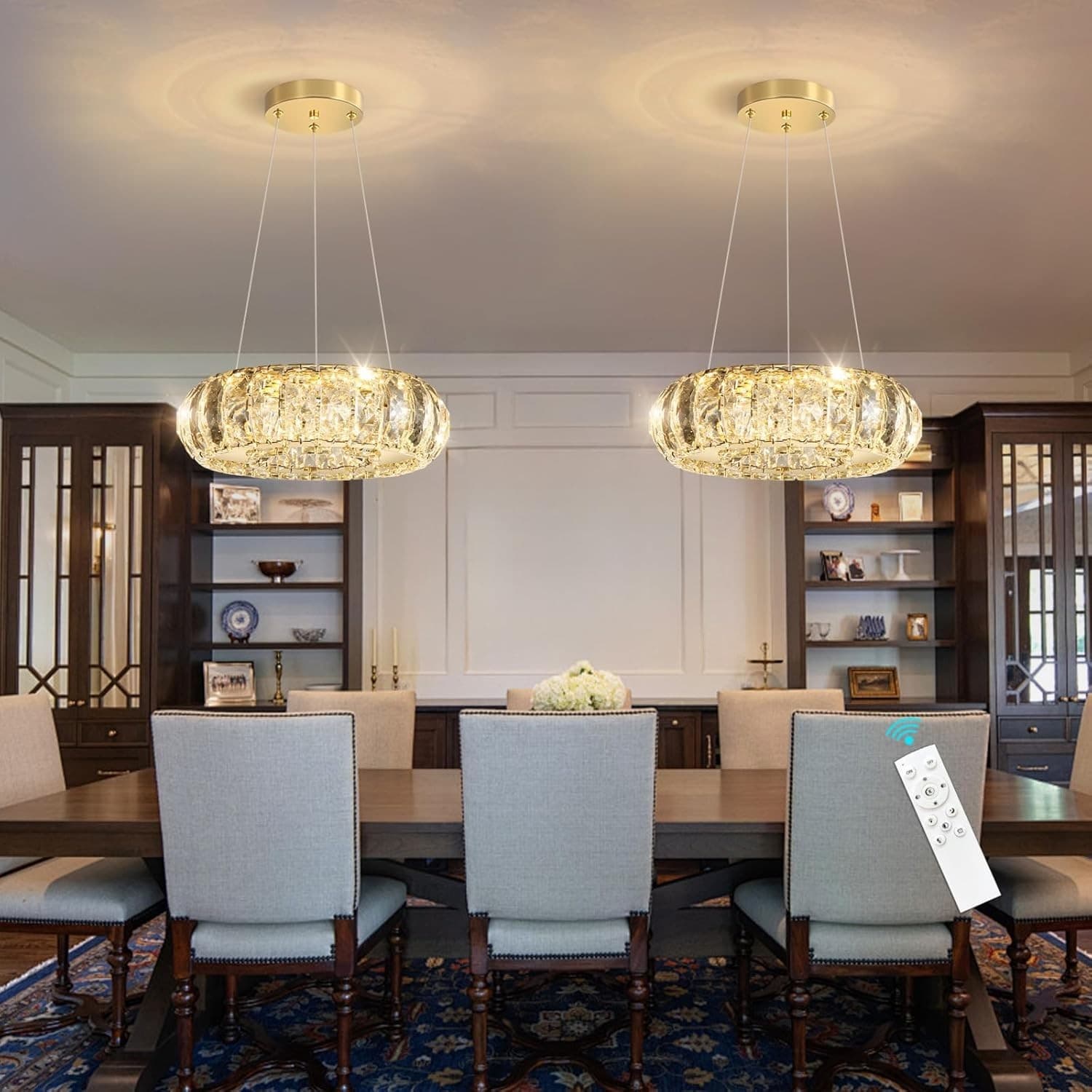HAIXIANG Gold Crystal Round LED Chandelier Dimmable Pendant Light w/ Remote - Thumbnail 4