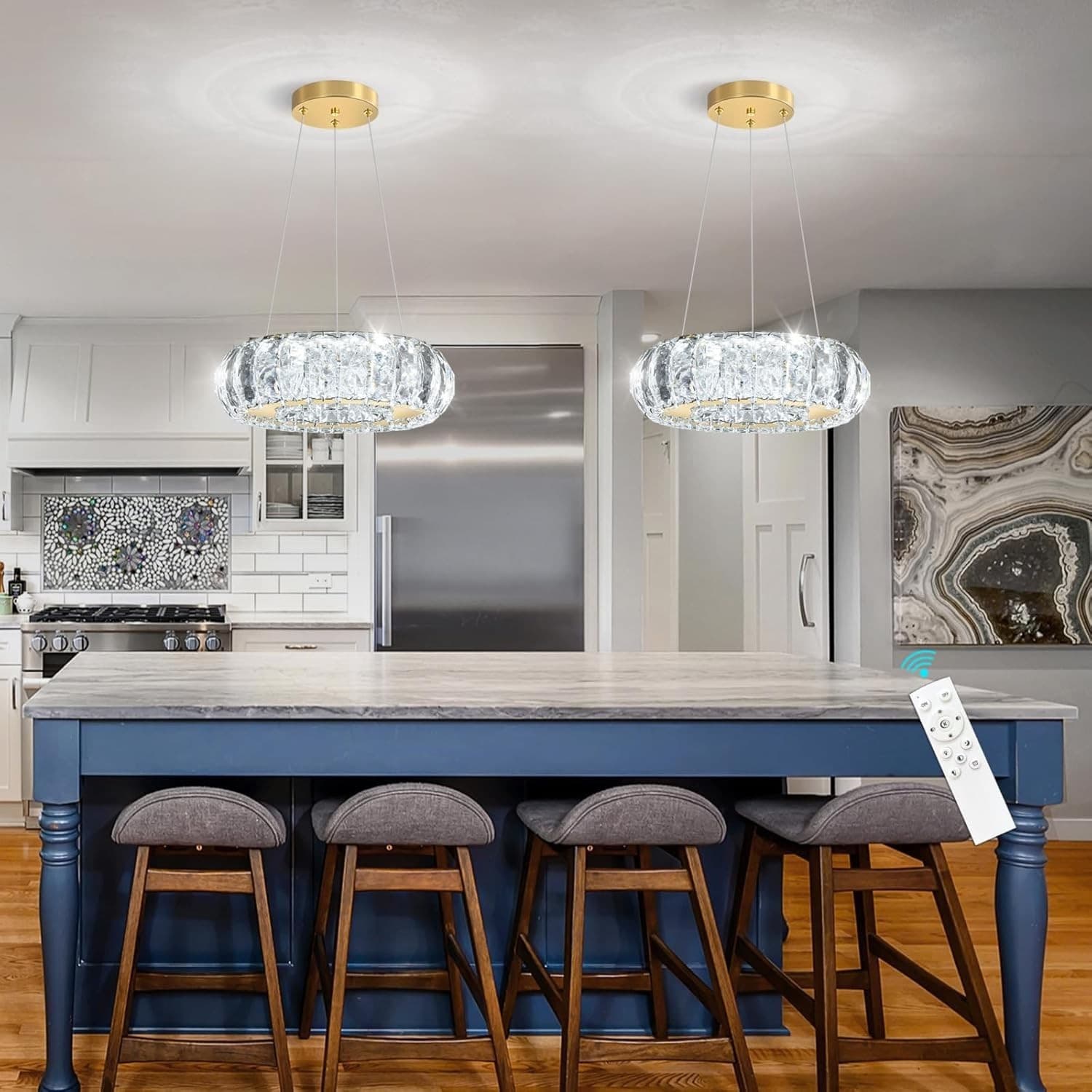 HAIXIANG Gold Crystal Round LED Chandelier Dimmable Pendant Light w/ Remote - Thumbnail 2