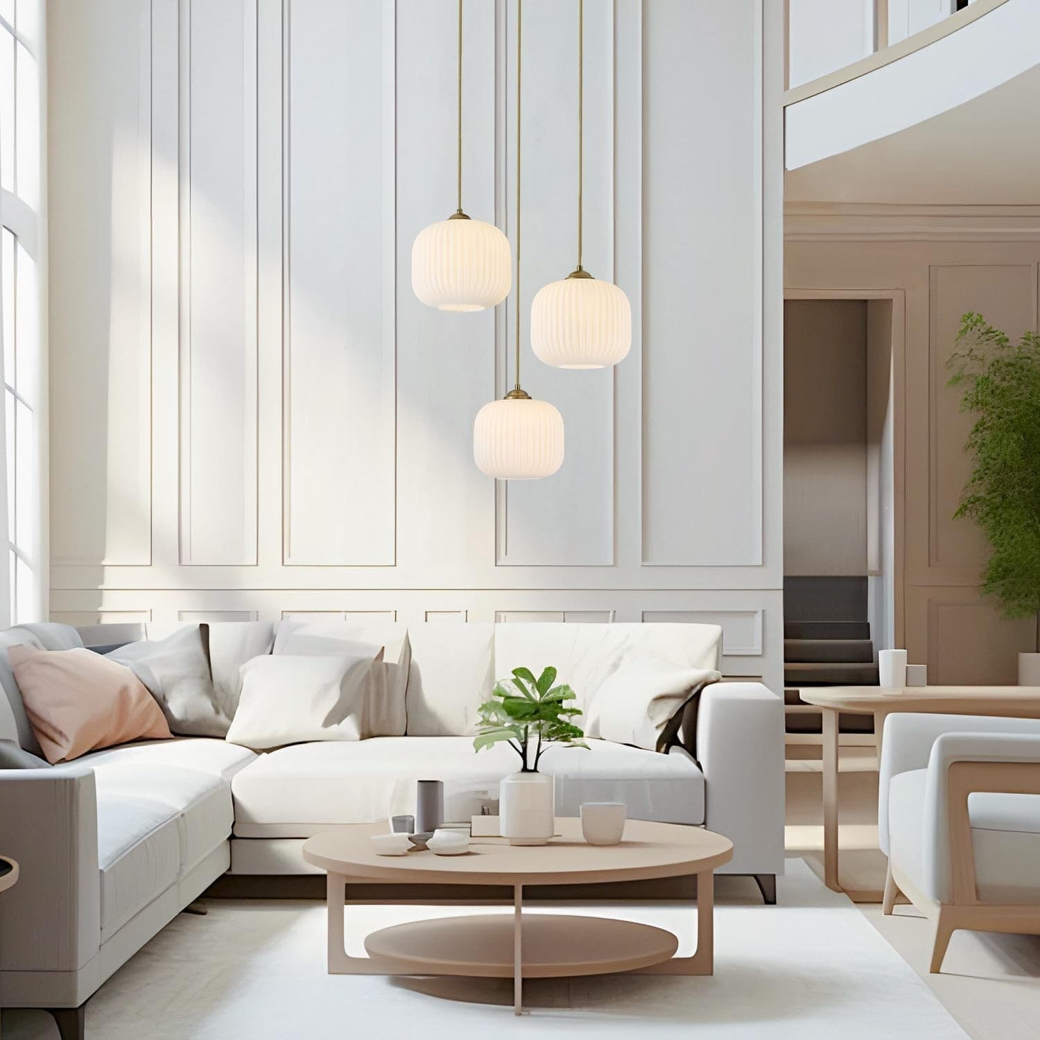 BOKT 3-Light White Ribbed Glass Globe Pendant Light Gold Cluster Chandelier - Thumbnail 9