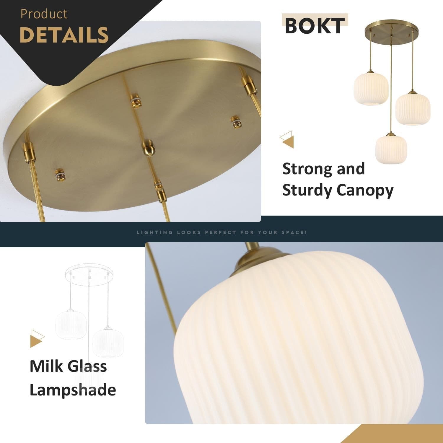 BOKT 3-Light White Ribbed Glass Globe Pendant Light Gold Cluster Chandelier - Thumbnail 3