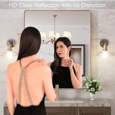 LOAAO 30x36 Gold Bathroom Mirror Rounded Rectangle Vanity Wall Mirror - Thumbnail 2