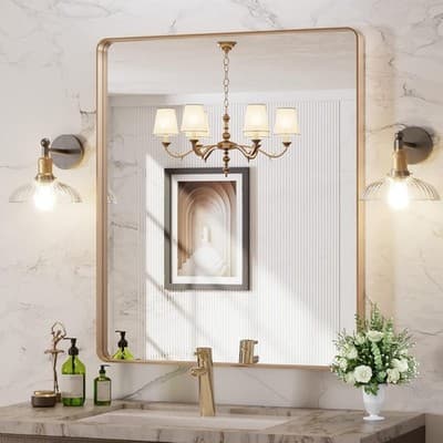 LOAAO 30x36 Gold Bathroom Mirror Rounded Rectangle Vanity Wall Mirror - Thumbnail 8