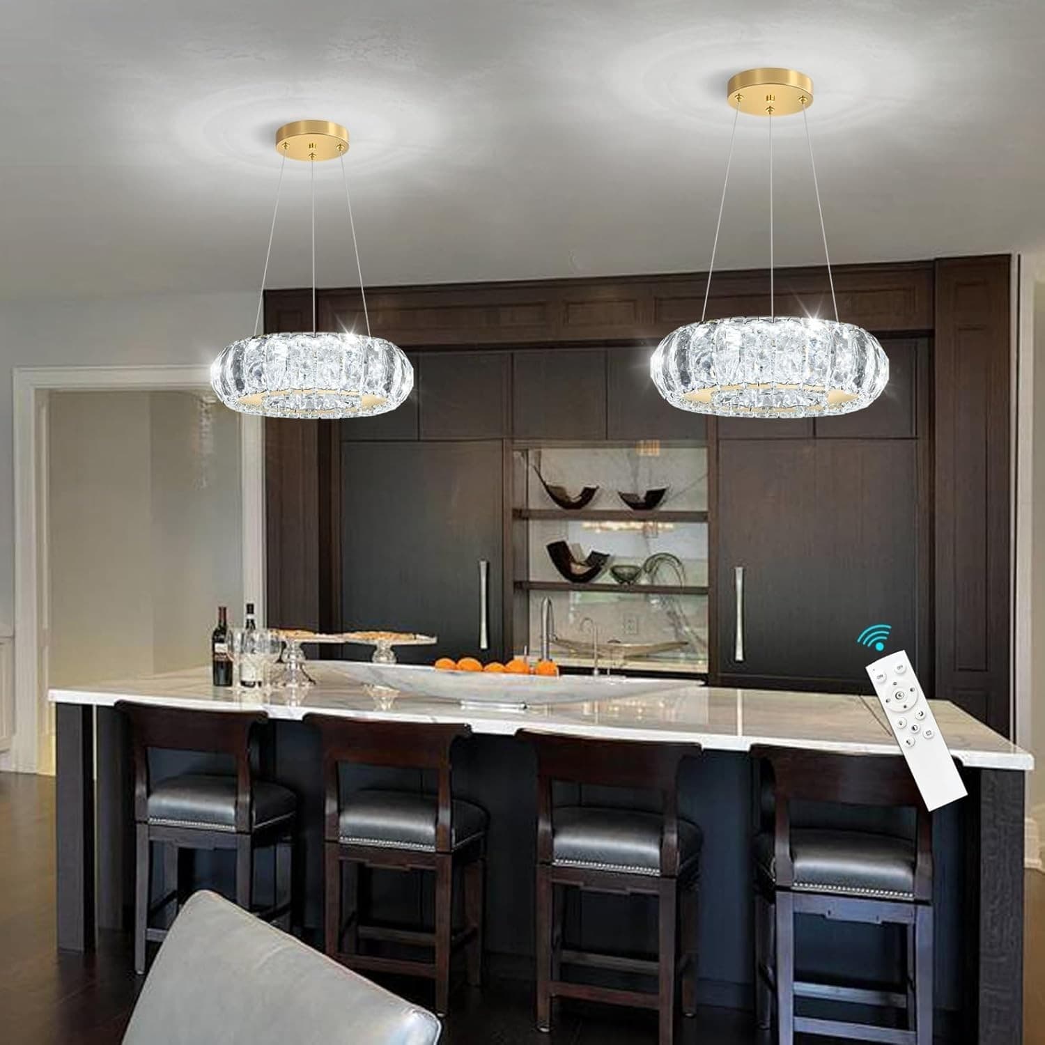 HAIXIANG Gold Crystal Round LED Chandelier Dimmable Pendant Light w/ Remote - Thumbnail 3