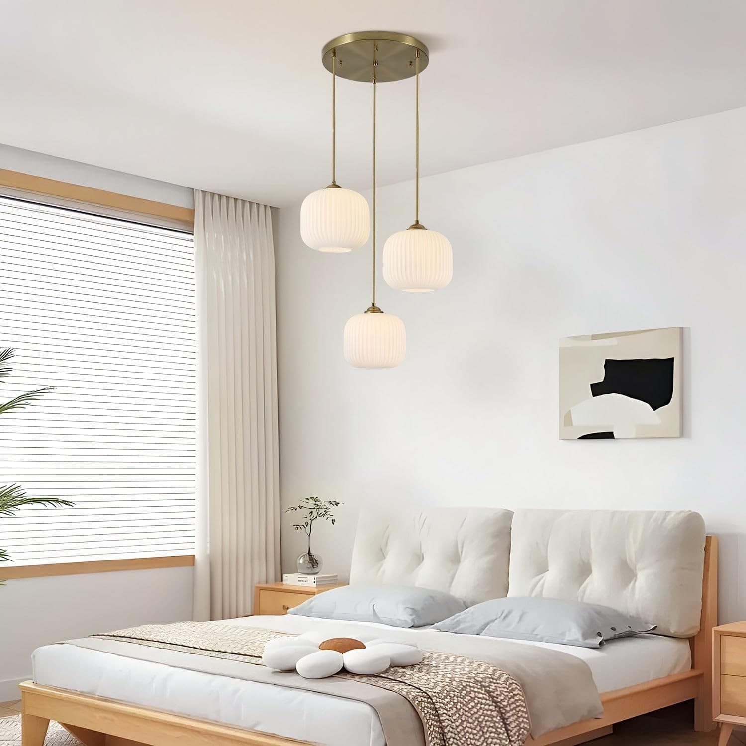 BOKT 3-Light White Ribbed Glass Globe Pendant Light Gold Cluster Chandelier - Thumbnail 7