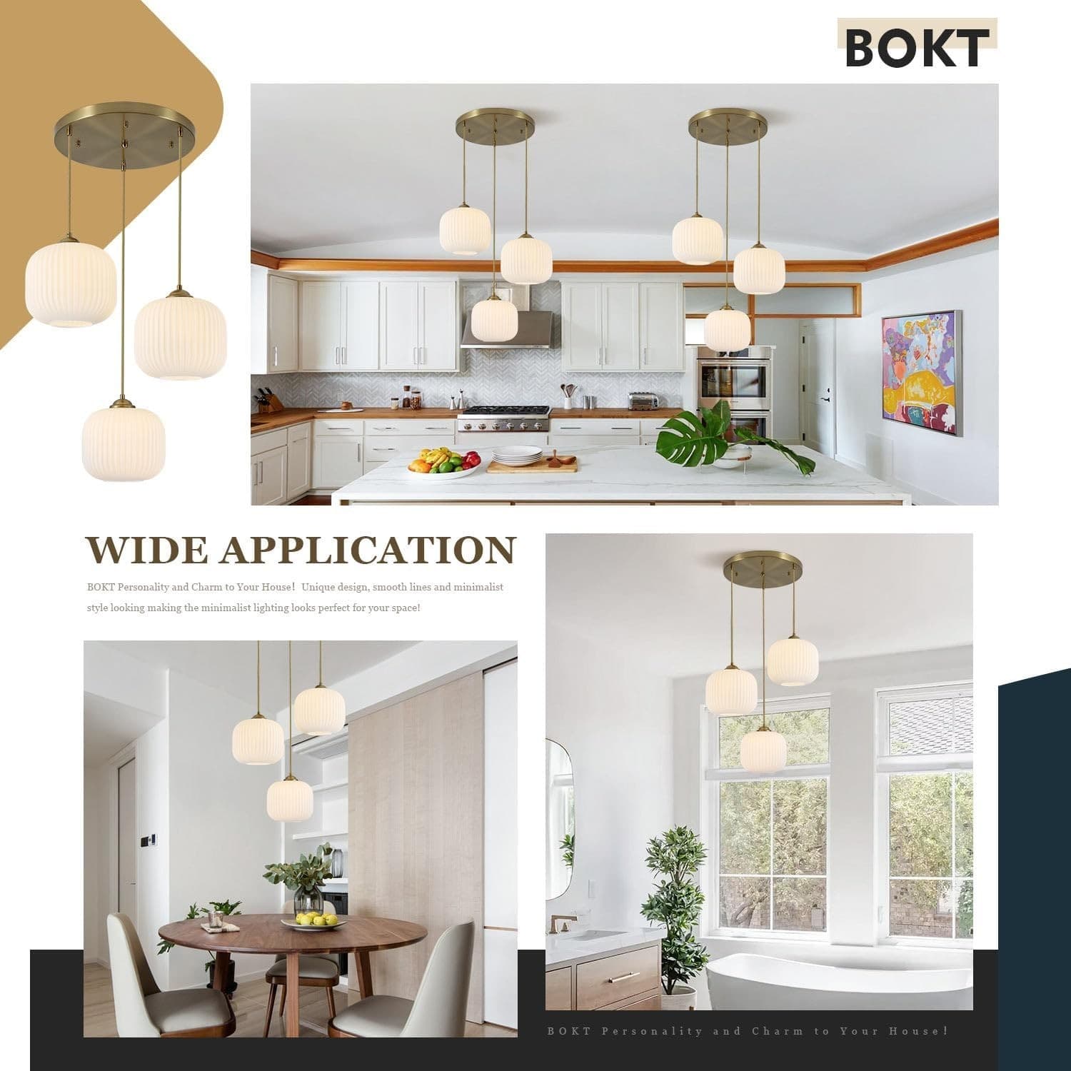 BOKT 3-Light White Ribbed Glass Globe Pendant Light Gold Cluster Chandelier - Thumbnail 4