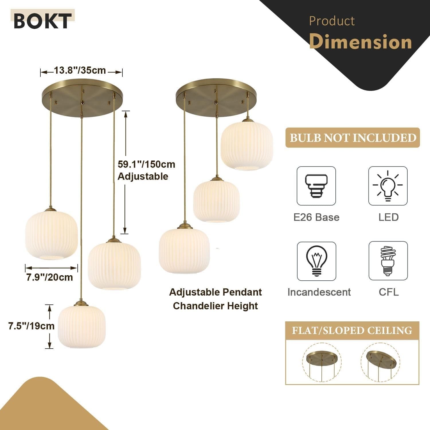 BOKT 3-Light White Ribbed Glass Globe Pendant Light Gold Cluster Chandelier - Thumbnail 2