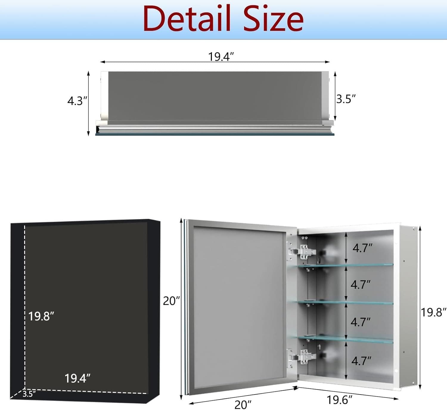 20x20 Aluminum Medicine Cabinet with Mirror Recessed Wall Mount 3 Glass Shelves - Thumbnail 3