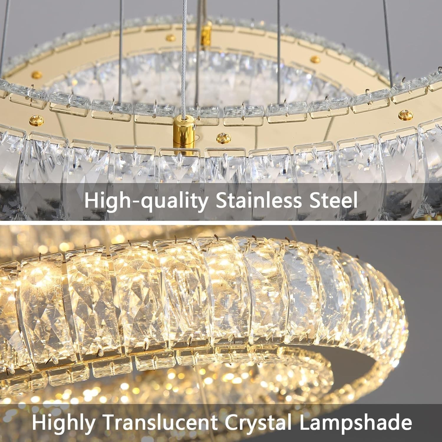 HAIXIANG Gold Crystal Round LED Chandelier Dimmable Pendant Light w/ Remote - Thumbnail 6