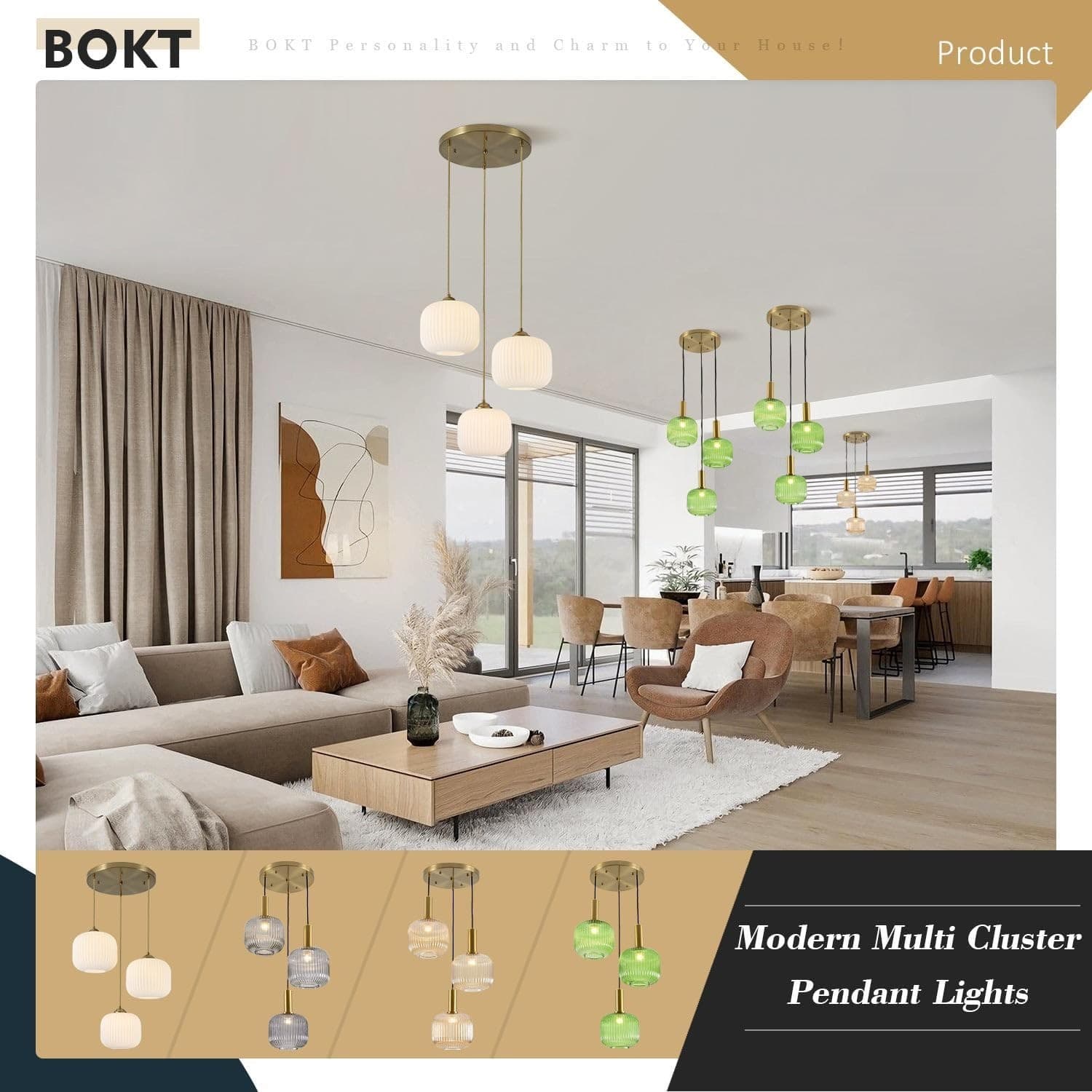 BOKT 3-Light White Ribbed Glass Globe Pendant Light Gold Cluster Chandelier - Thumbnail 5