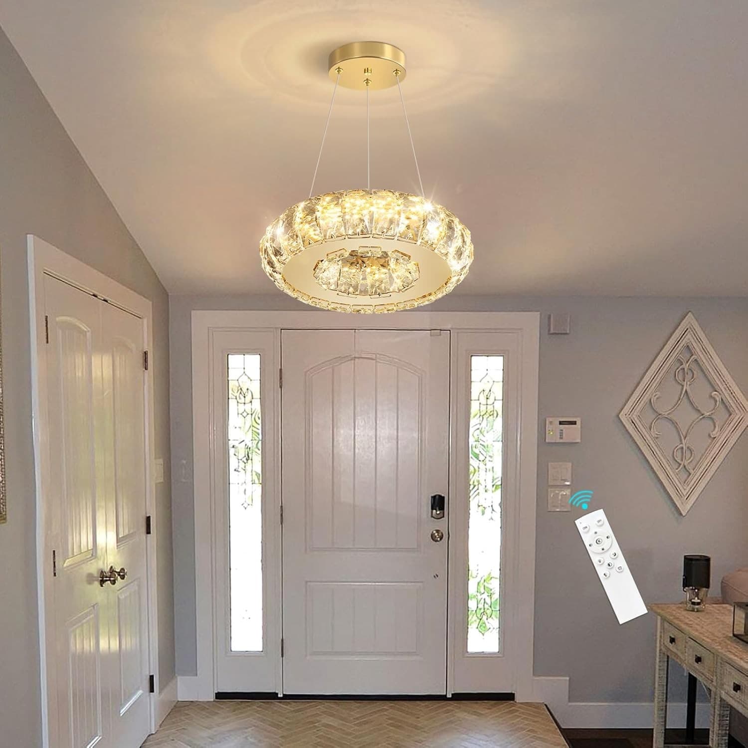 HAIXIANG Gold Crystal Round LED Chandelier Dimmable Pendant Light w/ Remote - Thumbnail 5