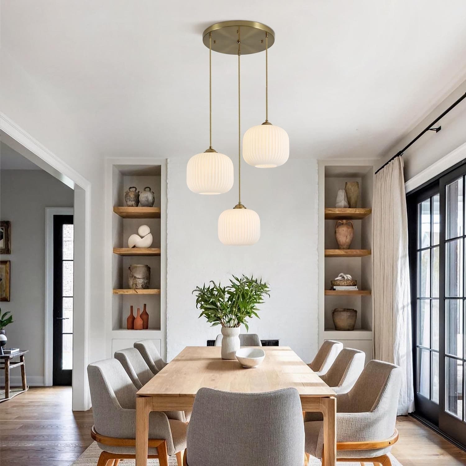 BOKT 3-Light White Ribbed Glass Globe Pendant Light Gold Cluster Chandelier - Thumbnail 6