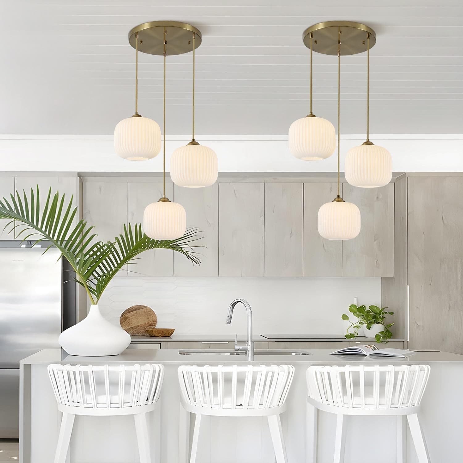 BOKT 3-Light White Ribbed Glass Globe Pendant Light Gold Cluster Chandelier - Thumbnail 8