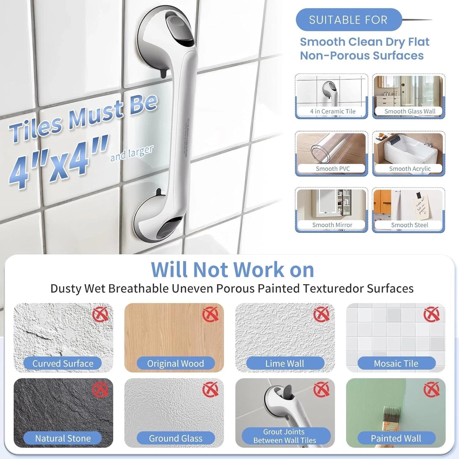 Ablecare 16 inch Shower Grab Bar-Bathroom Safety Grip Handle for Elderly, 2 Pack - Thumbnail 3