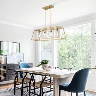 4-Light Gold Rectangle Chandelier Kitchen Island Dining Light Clear Glass Shades - Thumbnail 2