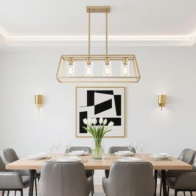 4-Light Gold Rectangle Chandelier Kitchen Island Dining Light Clear Glass Shades - Thumbnail 4