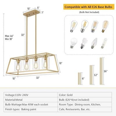 4-Light Gold Rectangle Chandelier Kitchen Island Dining Light Clear Glass Shades - Thumbnail 5