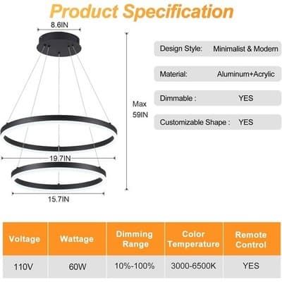 2-Rings Chandelier Black Modern LED Chandeliers 3000K-6500K - Thumbnail 8