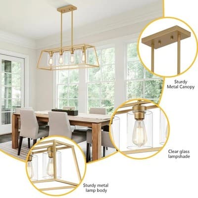 4-Light Gold Rectangle Chandelier Kitchen Island Dining Light Clear Glass Shades - Thumbnail 6