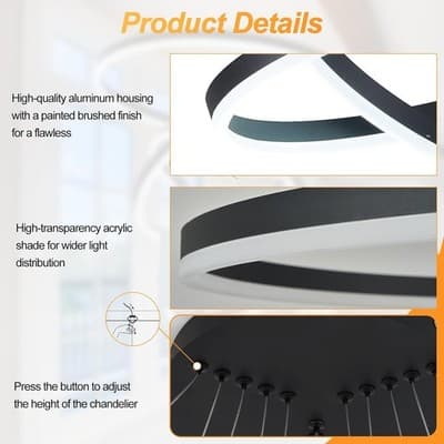 2-Rings Chandelier Black Modern LED Chandeliers 3000K-6500K - Thumbnail 6