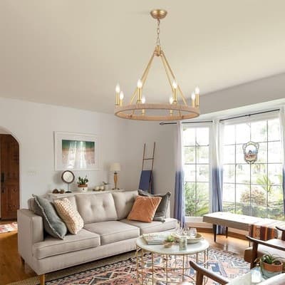 Gold Farmhouse Chandelier 8 Light Wagon Wheel Chandelier Modern Metal Round - Thumbnail 3