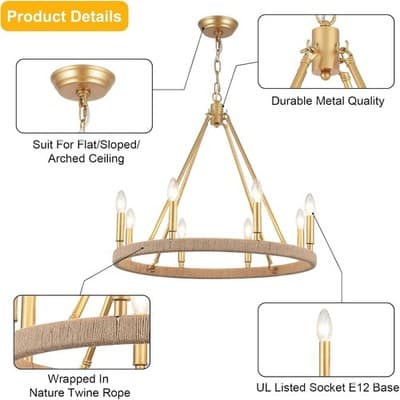 Gold Farmhouse Chandelier 8 Light Wagon Wheel Chandelier Modern Metal Round - Thumbnail 8