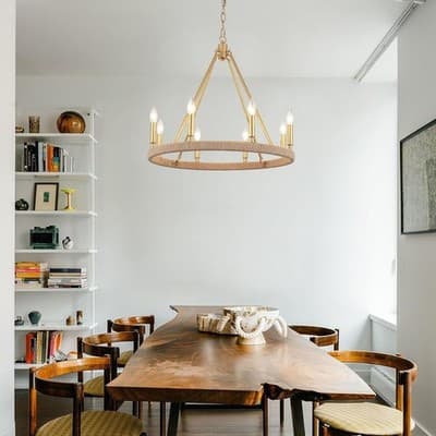 Gold Farmhouse Chandelier 8 Light Wagon Wheel Chandelier Modern Metal Round - Thumbnail 4