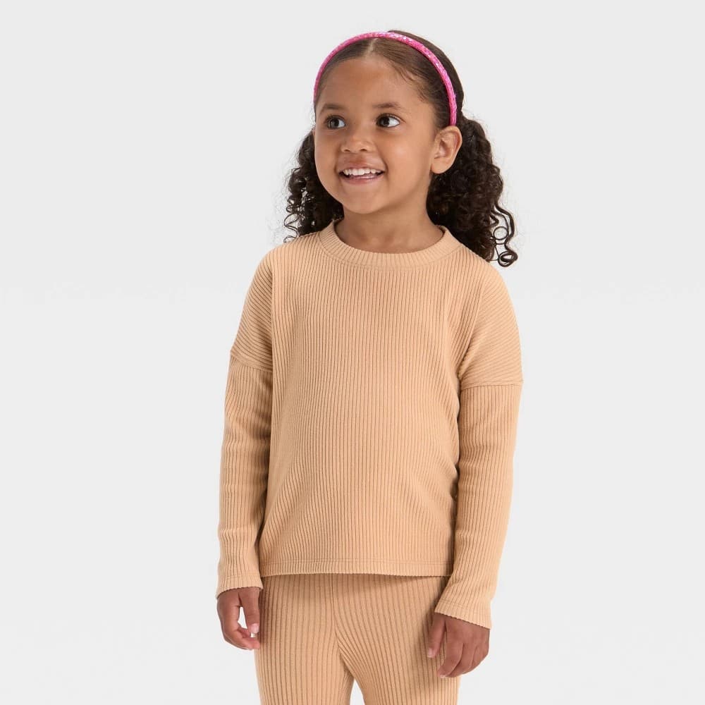 Toddler Girls' Cozy Ribbed Top - Cat & Jack™ Light Sand Brown 5T