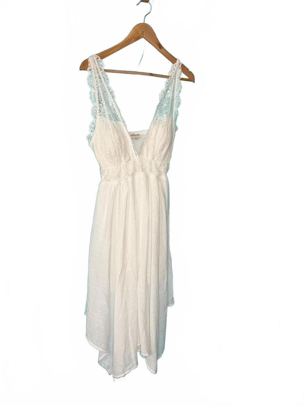 White Lace V-Neck Summer Dress with Scalloped Straps - Thumbnail 3