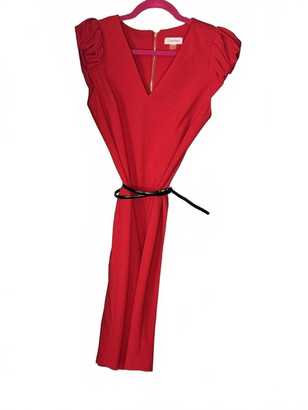 Calvin Klein Red Puff Sleeve Midi Dress with Belt - Thumbnail 3