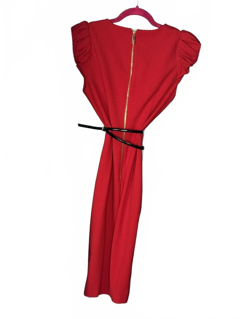 Calvin Klein Red Puff Sleeve Midi Dress with Belt - Thumbnail 4