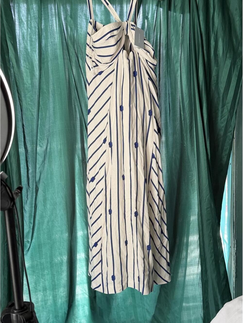 NWT Antonio Melani Striped Navy Cream Midi Knot Dress - Thumbnail 2