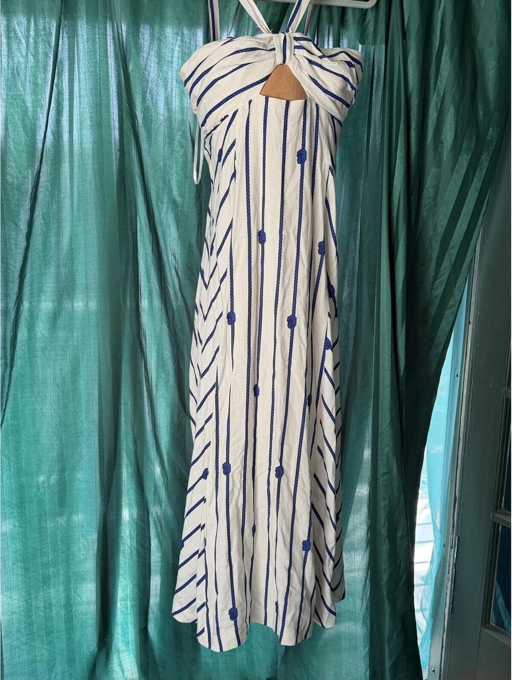 NWT Antonio Melani Striped Navy Cream Midi Knot Dress - Thumbnail 5