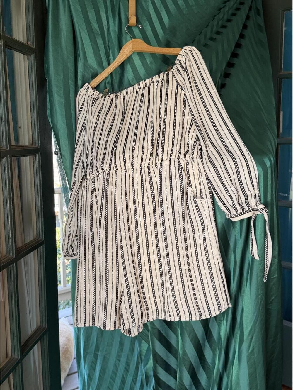 Black and White Striped Long Sleeve Dress with Waist Tie - Thumbnail 5