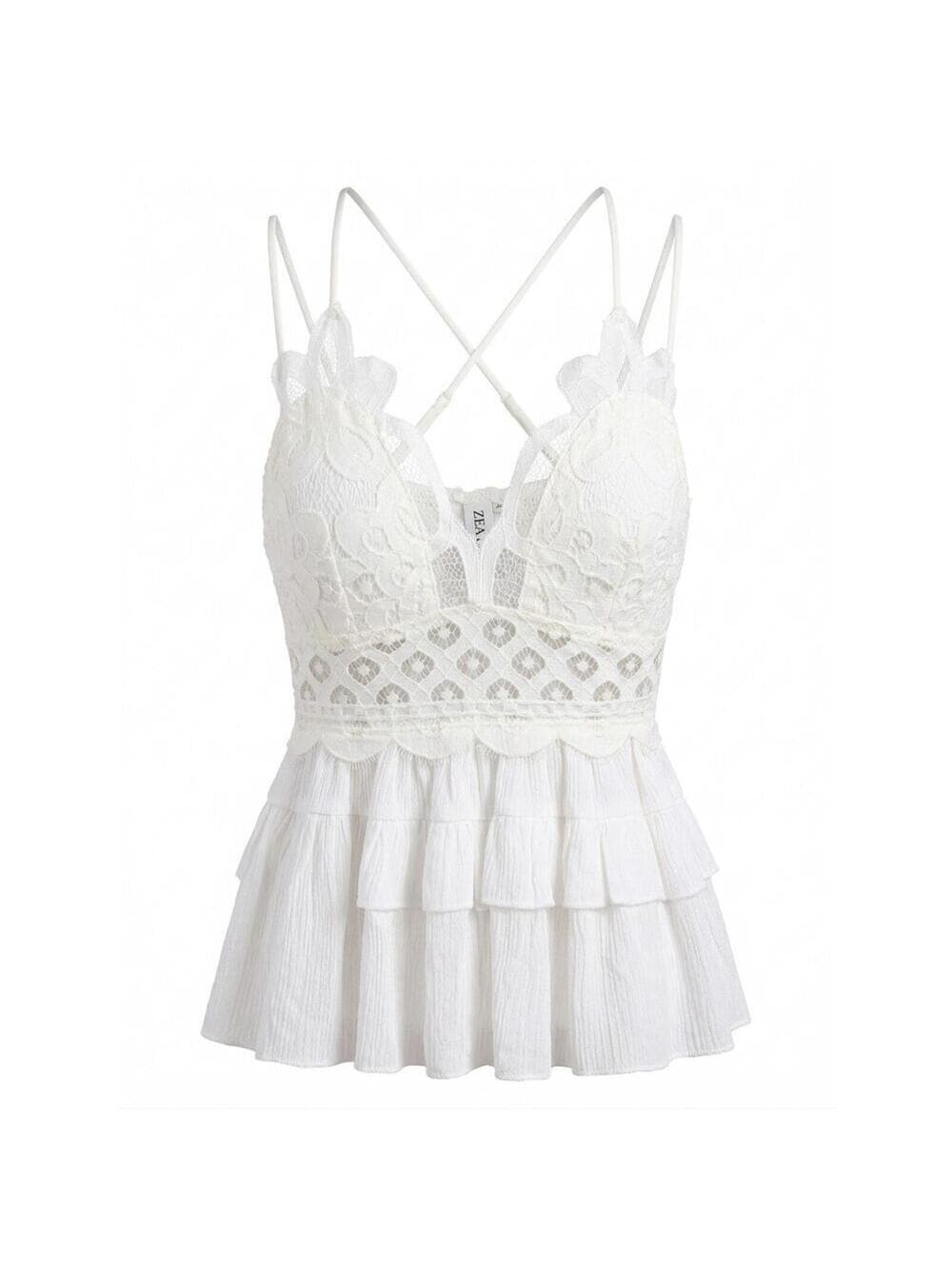NWT Zenana White Lace Trim Ruffle Cami Tank Top Layered - Thumbnail 2