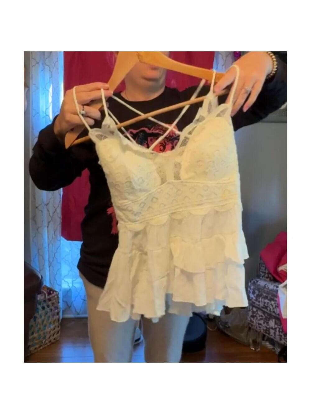 NWT Zenana White Lace Trim Ruffle Cami Tank Top Layered - Thumbnail 3