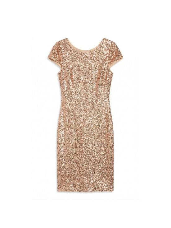 Belle Badgley Mischka Sequin Dress Cowl Back Cap Sleeve