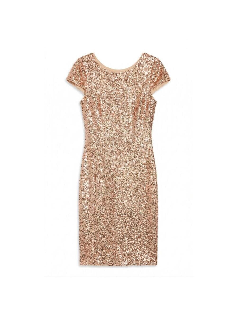 Belle Badgley Mischka Sequin Dress Cowl Back Cap Sleeve - Thumbnail 2