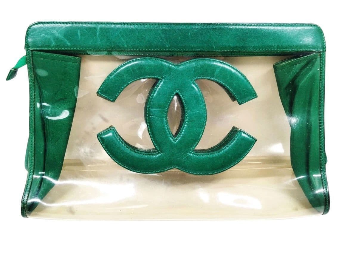 Chanel Green Lambskin and Clear Vinyl CC Cosmetic Case Gold Hardware, 1994-1996